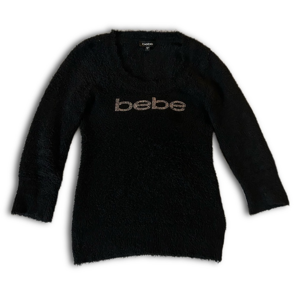 Fuzzy Y2K Logo Embezzled Black Sweater - BEBE